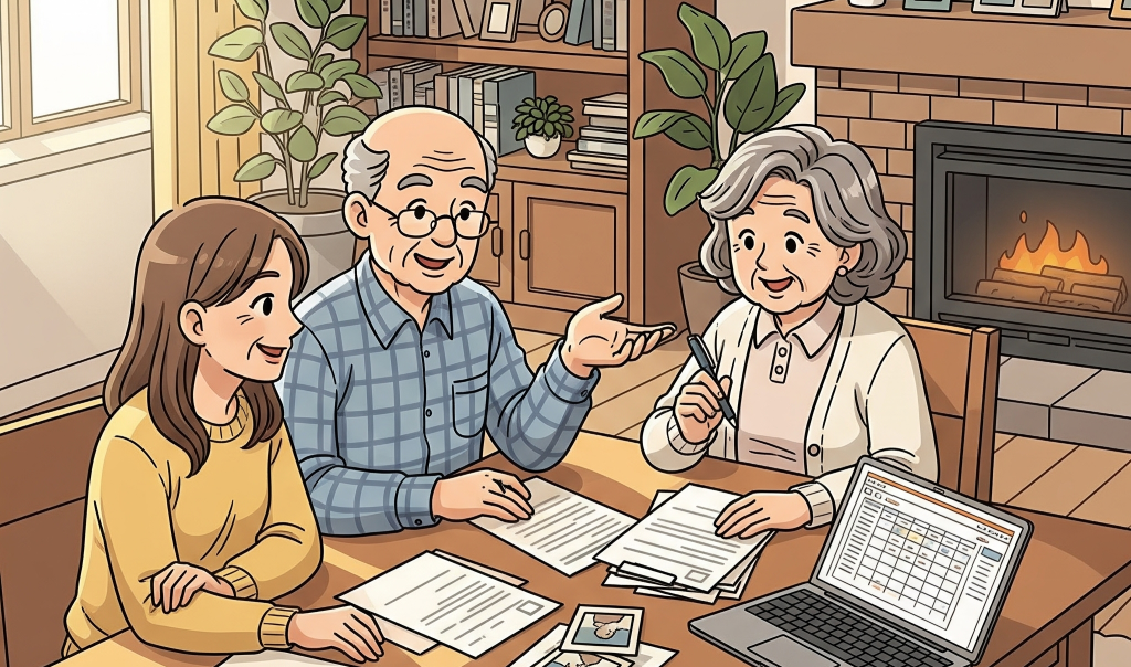 将来について話し合う家族のイラスト